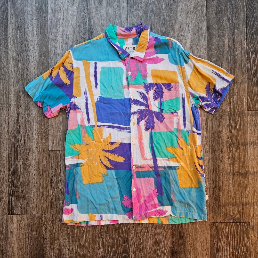 VSTR Premium Mens Medium Hawaiian Shirt Abstract Tropical Palm Tree Viscose Blue